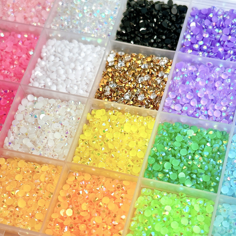 Jelly AB resin rhinestones available in 2mm, 3mm, 4mm, 5mm and 6mm sizes